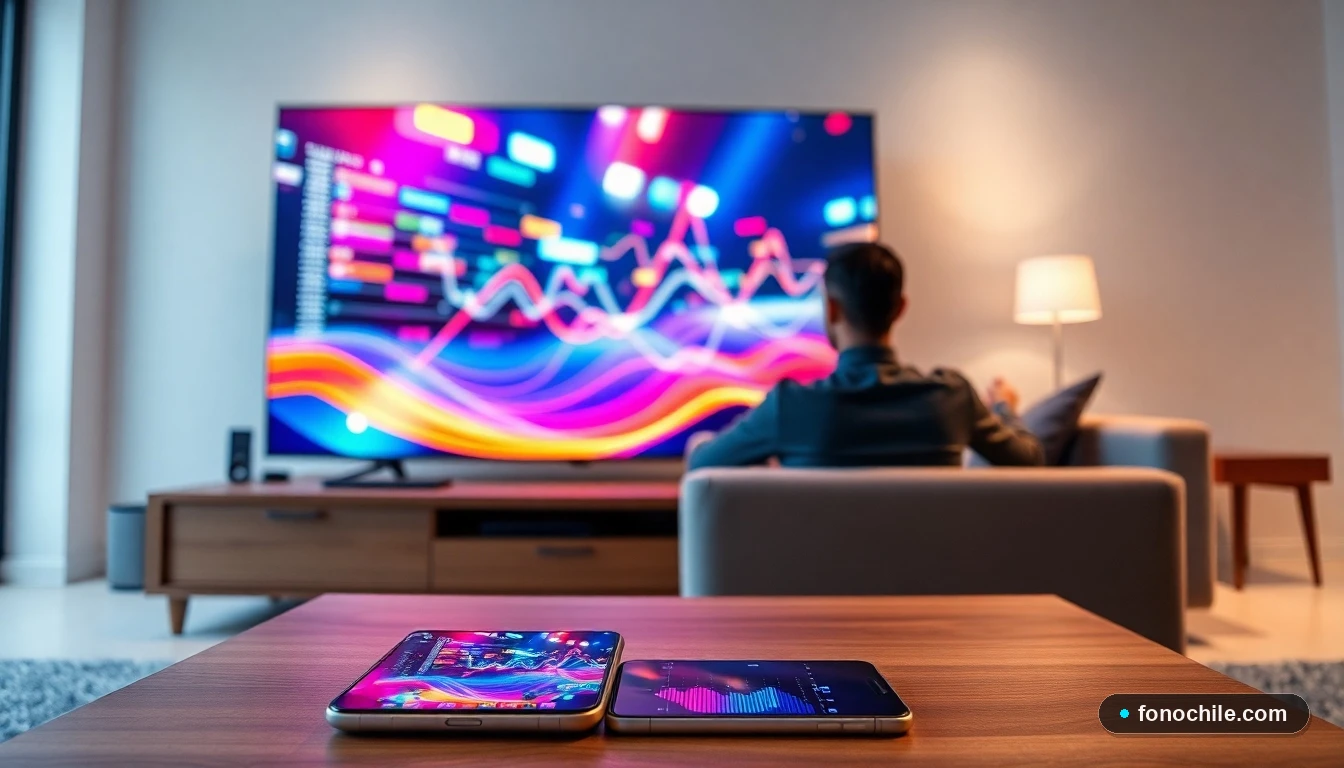 Configuración moderna en sala chilena con TV mostrando gráficos abstractos de datos deportivos en vivo, con dispositivos móviles sobre mesa.