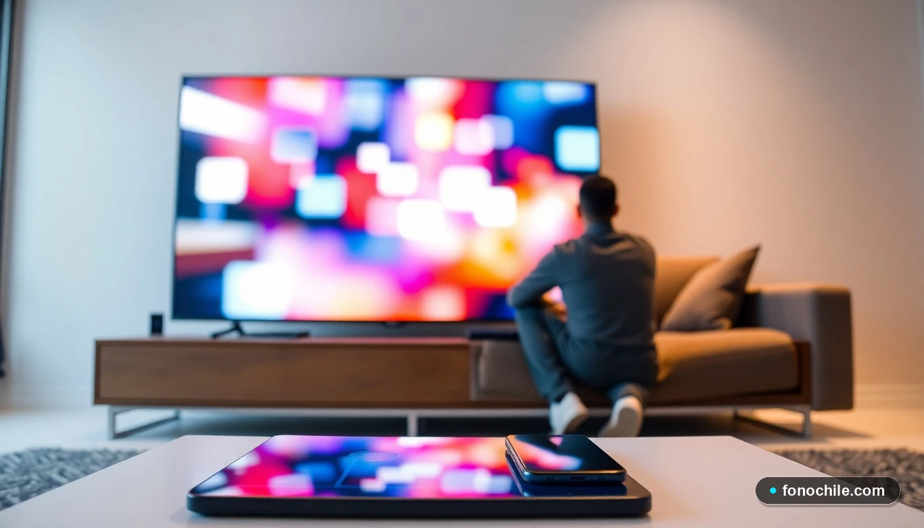 Configuración moderna en sala chilena con televisor 4K y dispositivos móviles mostrando gráficos abstractos de servicios de streaming.