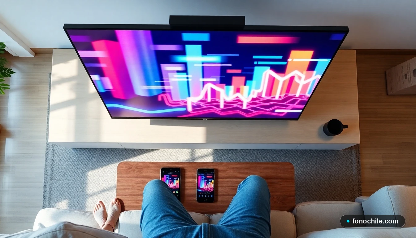 Pantalla de televisión mostrando gráficos de colores abstractos, con dispositivos móviles en una mesa, representando el análisis de calidad de streaming.