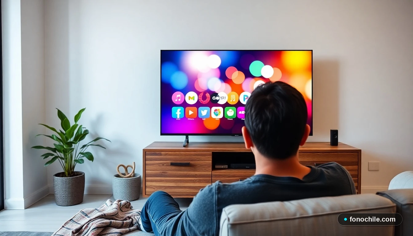Televisor inteligente en un living chileno mostrando iconos abstractos de aplicaciones de streaming familiar.