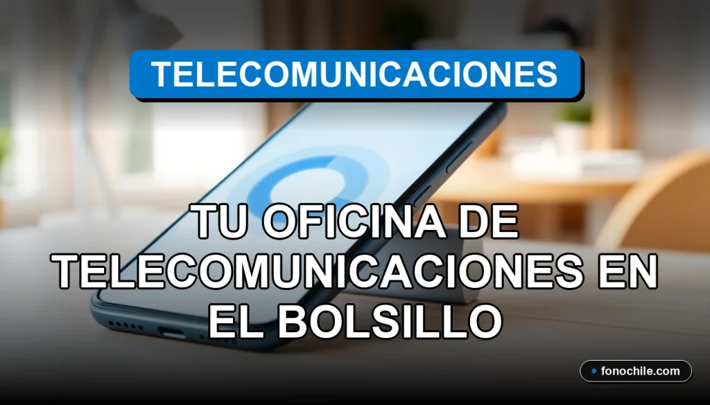 Aplicación de oficina virtual de telecomunicaciones en un teléfono inteligente mostrando gráficos abstractos, descansando sobre una mesa de trabajo limpia y moderna.