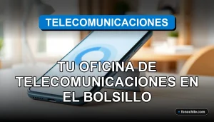 Aplicación de oficina virtual de telecomunicaciones en un teléfono inteligente mostrando gráficos abstractos, descansando sobre una mesa de trabajo limpia y moderna.