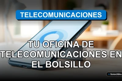 Aplicación de oficina virtual de telecomunicaciones en un teléfono inteligente mostrando gráficos abstractos, descansando sobre una mesa de trabajo limpia y moderna.