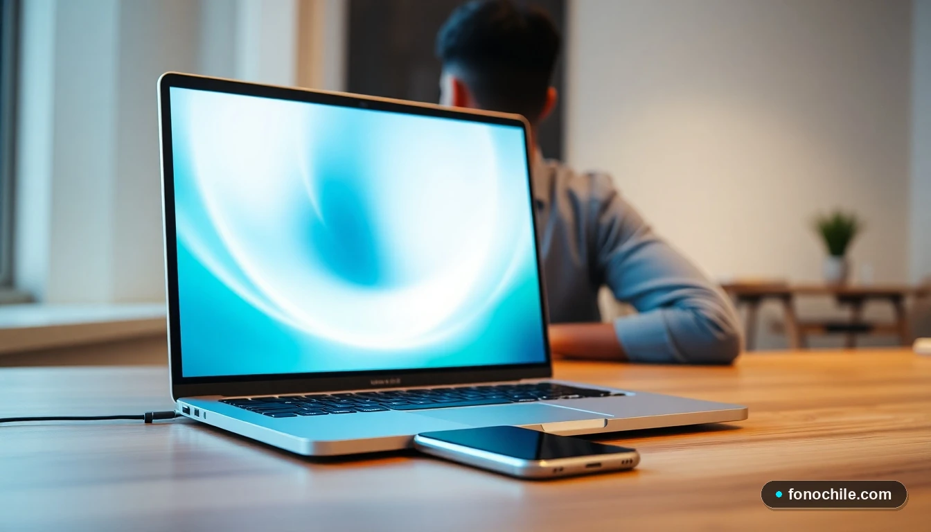 Persona utilizando una sucursal virtual en un computador portátil y teléfono móvil para gestionar servicios en Chile