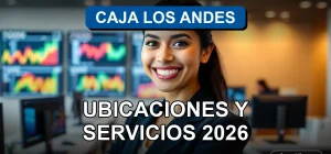 Una ejecutiva de Caja Los Andes en una sucursal moderna, con pantallas que muestran gráficos de servicios financieros.