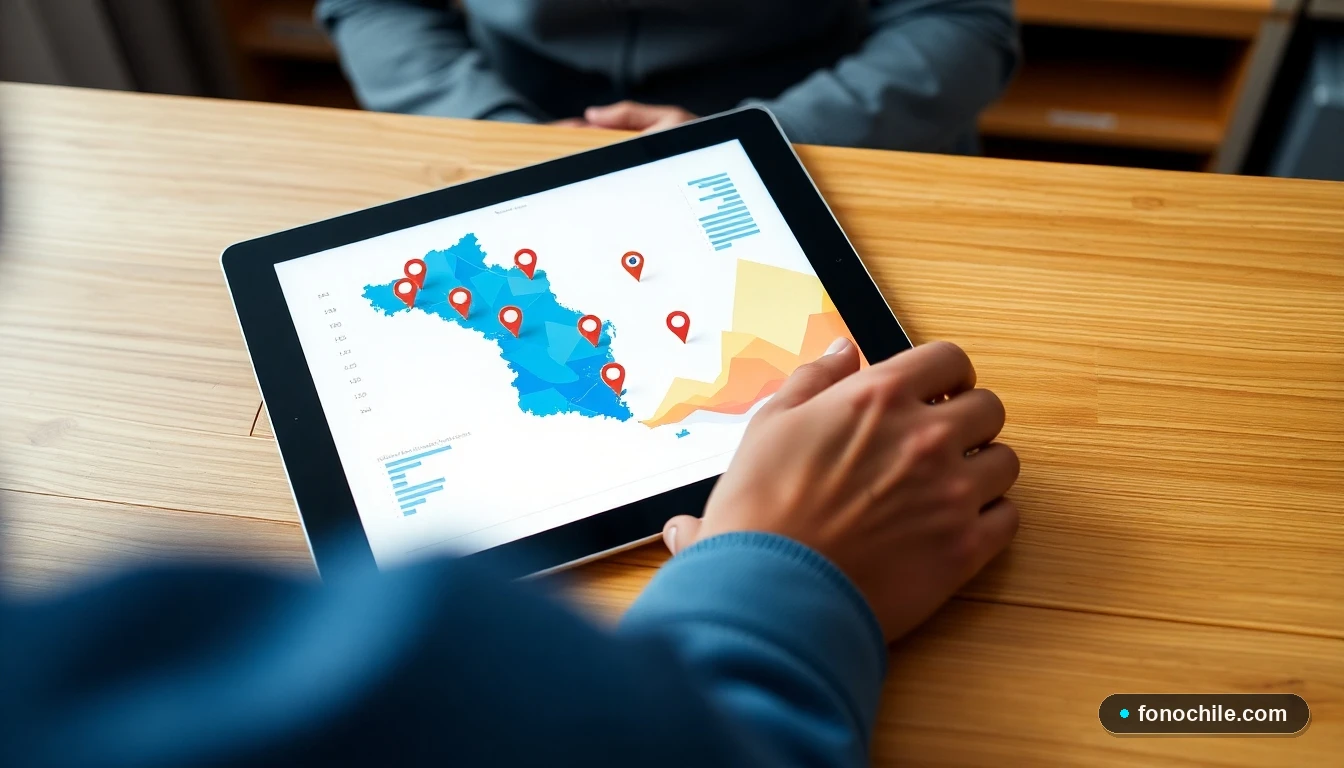 Visualización abstracta de datos de ubicación de sucursales en Chile mostrada en una tablet moderna.