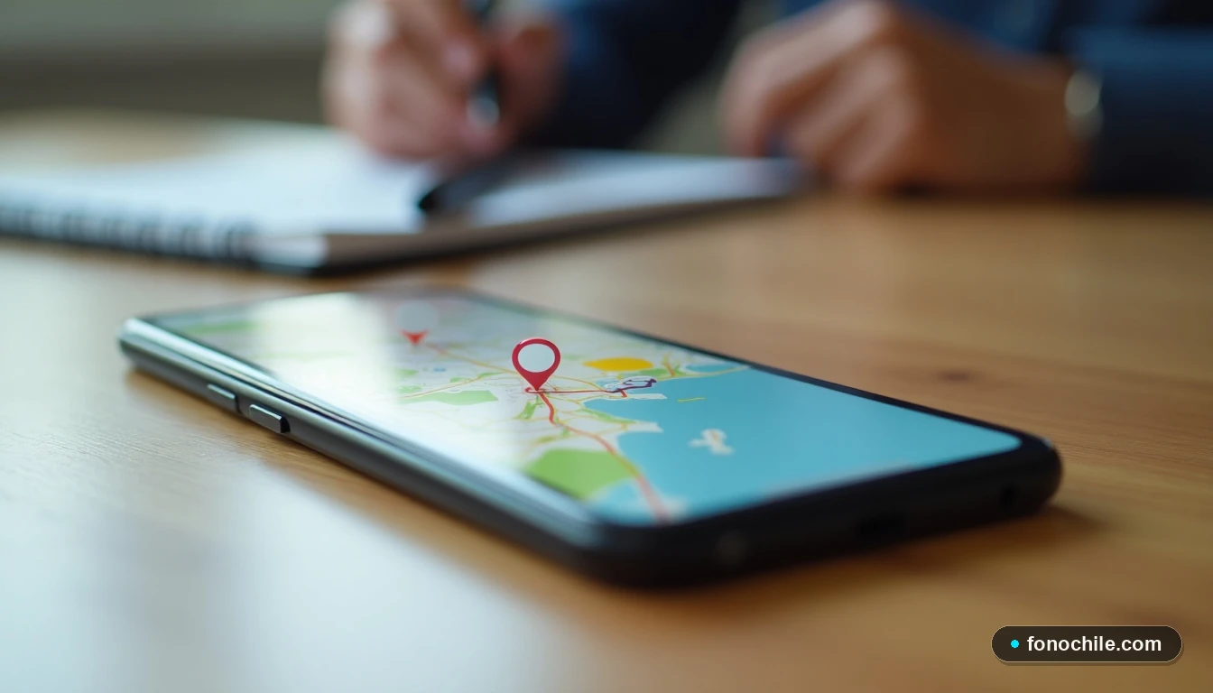 Smartphone mostrando un mapa abstracto con ubicaciones de sucursales de telecomunicaciones en Chile.