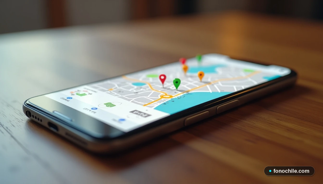 Smartphone mostrando un mapa abstracto con ubicaciones de sucursales en Chile.