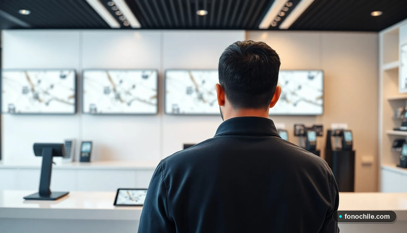 Interior moderno de una tienda de telecomunicaciones con mostrador y pantallas digitales mostrando mapas.