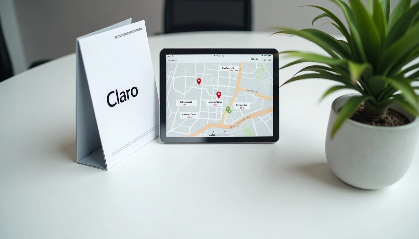 Mesa de trabajo con folleto de Claro y tablet mostrando mapa de sucursales en Chile para el año 2026.