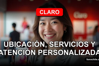 Mujer latina sonriente en una sucursal Claro moderna, con un teléfono inteligente mostrando gráficos abstractos de colores.