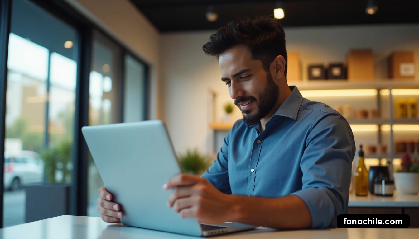 Hombre hispano atendiendo a un cliente en sucursal Claro, mirando una tablet con interfaz genérica en un mostrador limpio.