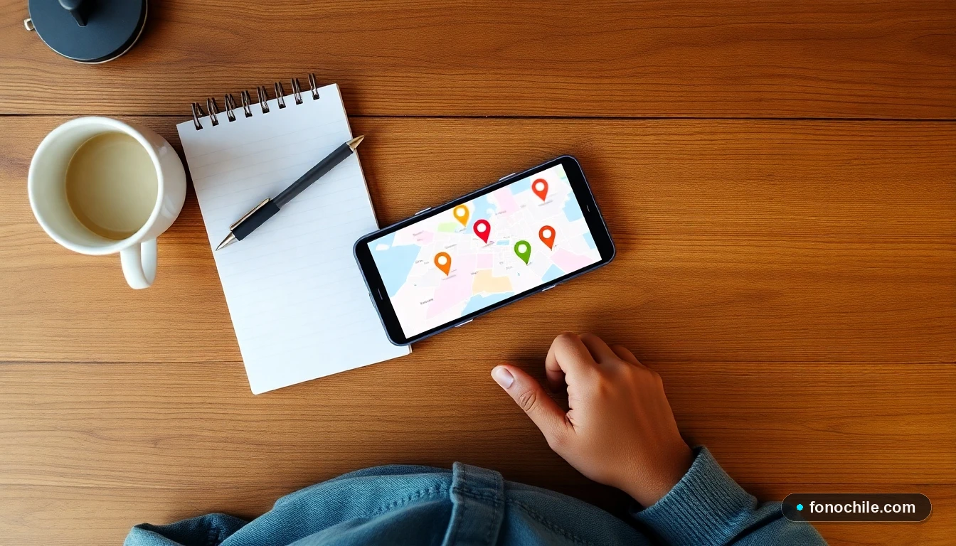 Smartphone mostrando un mapa con ubicaciones de sucursales de telefonía en Chile sobre una mesa de trabajo.