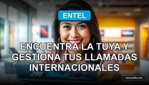 Mujer en sucursal Entel consultando sobre llamadas internacionales en una tablet con gráficos abstractos.