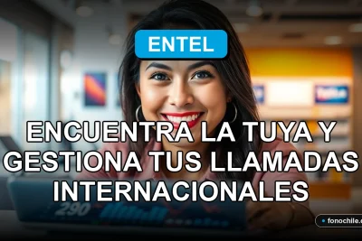 Mujer en sucursal Entel consultando sobre llamadas internacionales en una tablet con gráficos abstractos.