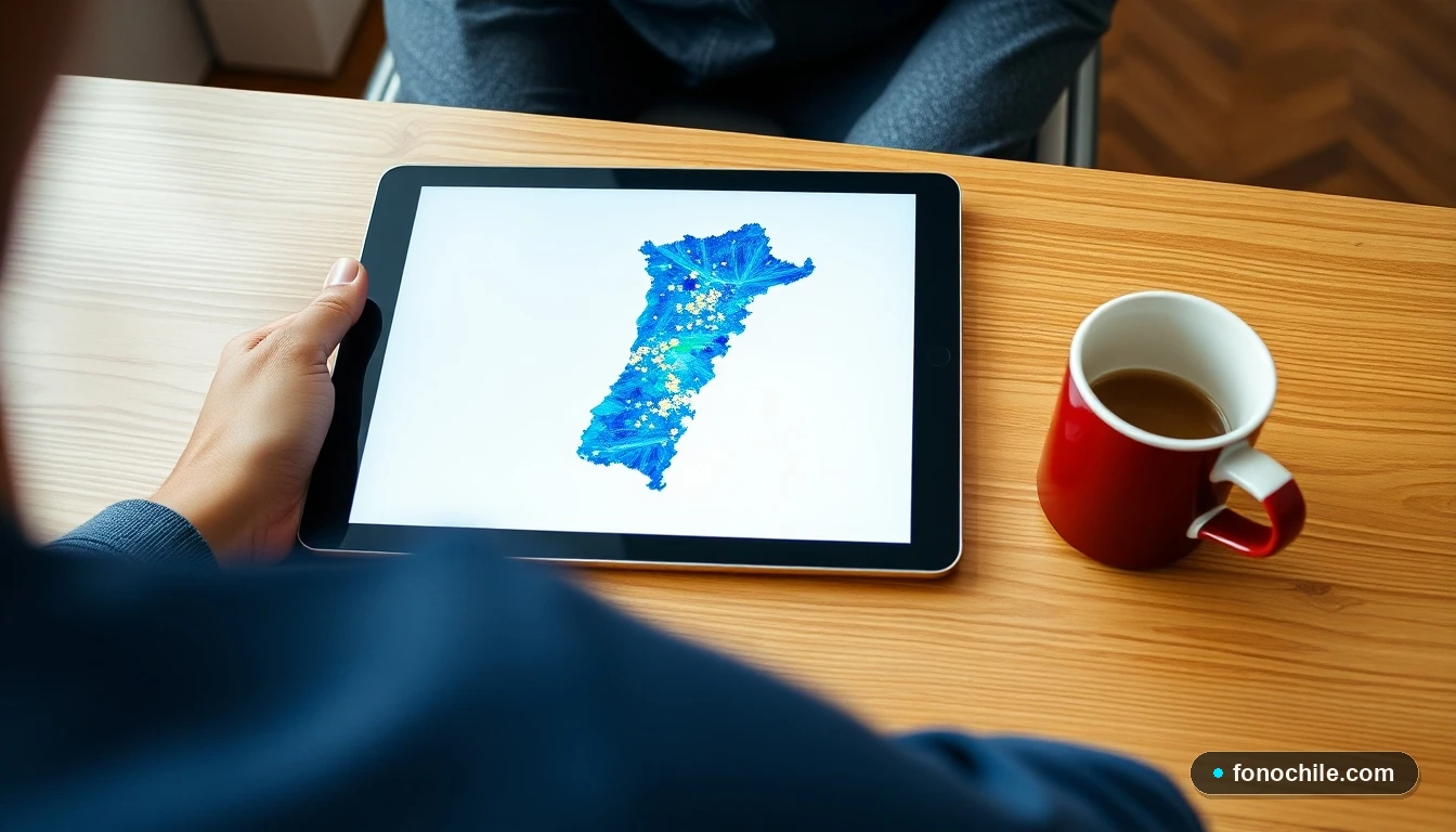 Gráfico abstracto de cobertura y puntos de servicio en Chile mostrado en una tablet sobre un escritorio moderno.