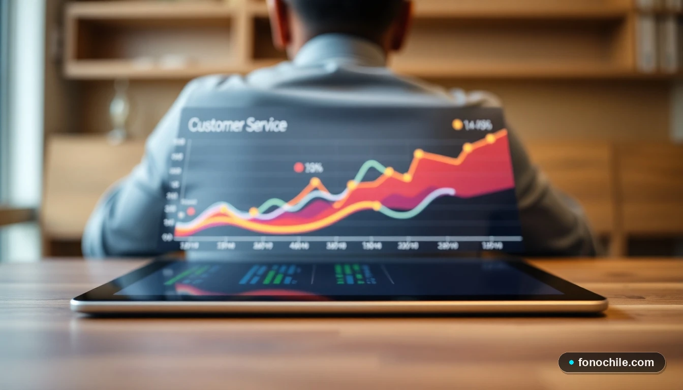 Gráfico abstracto de colores mostrando cobertura y puntos de atención al cliente en una tablet sobre una mesa de madera.