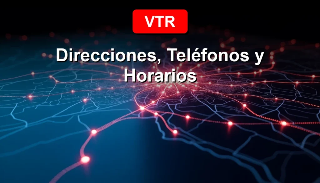 Mapa digital de Santiago 2026 con puntos de luz que marcan las sucursales VTR, conectados por líneas de fibra óptica brillante sobre un fondo nocturno.