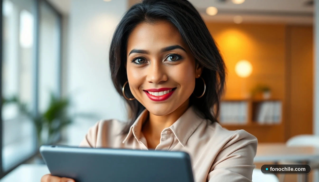 Una asesora de VTR en una sucursal, sonriendo con confianza frente a una pantalla con mapas genéricos en un entorno de oficina moderno.