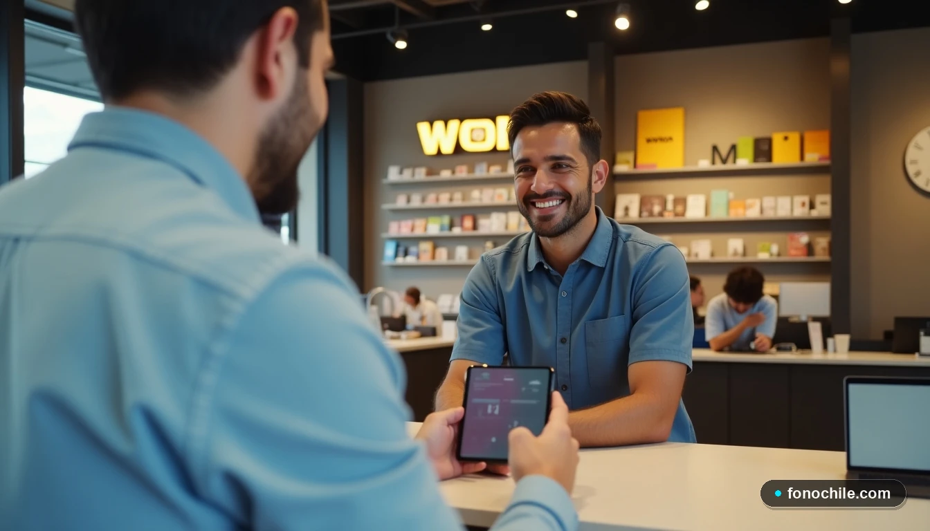 Cliente siendo atendido en el mostrador de una sucursal WOM en Biobío.