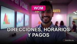 Modern WOM storefront in Los Lagos region with glowing pink accent lighting and abstract digital displays.