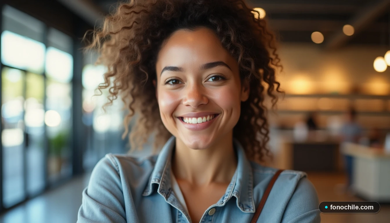 Cliente satisfecha sonriendo en el interior luminoso de una sucursal WOM.