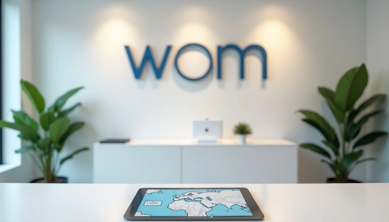 Interior de sucursal WOM moderna con mostrador y mapa digital
