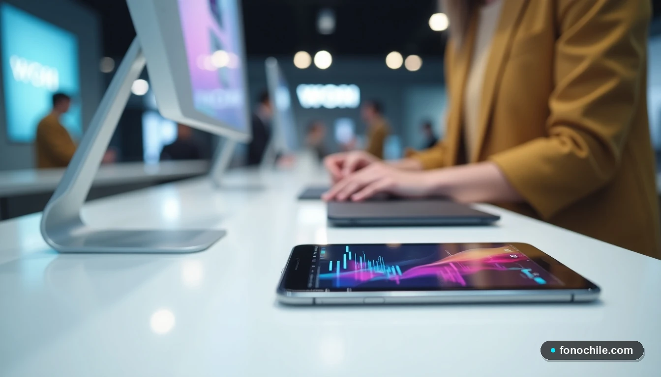 Detalle del mostrador de atención en sucursal WOM con dispositivos modernos mostrando interfaces genéricas.