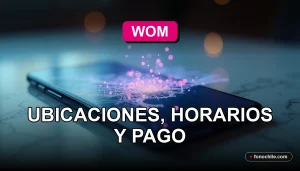 Mapa digital abstracto de Santiago con puntos de conexión rosados y azules, sobre una mesa con un teléfono inteligente moderno.