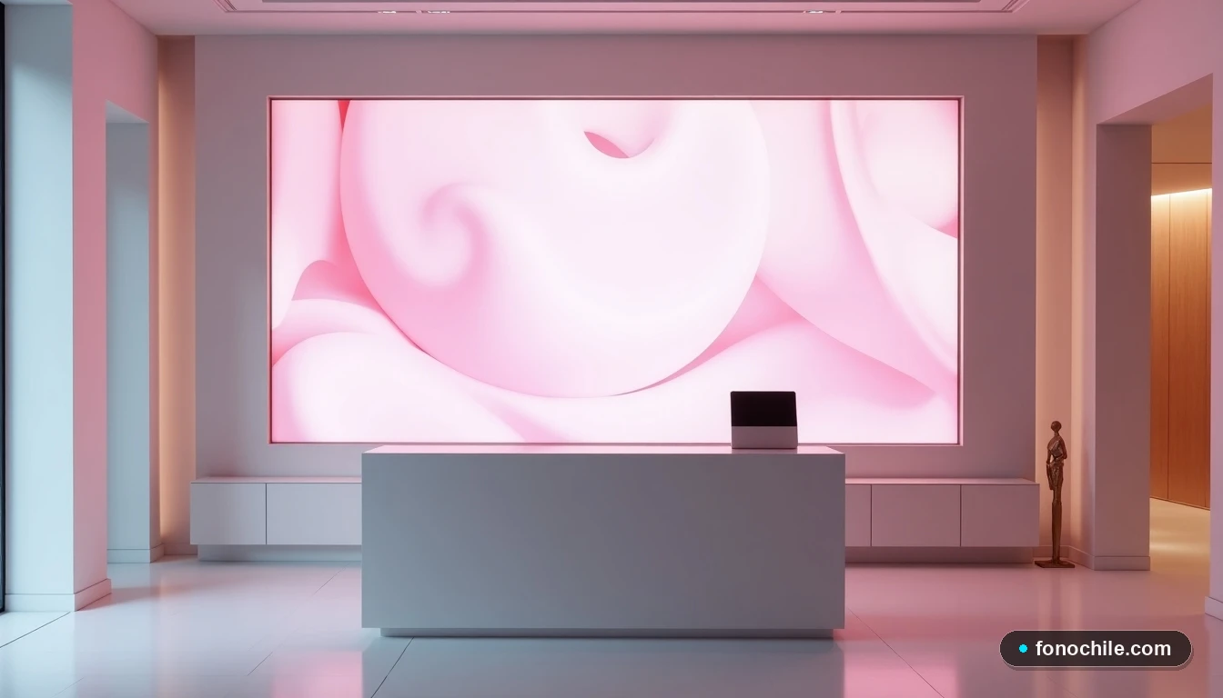 Interior moderno y minimalista de una sucursal de telecomunicaciones con pantalla digital abstracta y mostrador despejado.