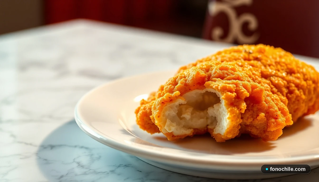 Primer plano de una pieza de pollo frito Super Pollo, mostrando su textura crujiente y jugosa.
