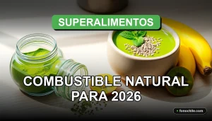 Un envase de vidrio moderno con polvo de superalimento verde sobre una mesa de madera clara, junto a un tazón de smoothie vibrante y frutas frescas.