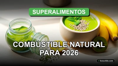Un envase de vidrio moderno con polvo de superalimento verde sobre una mesa de madera clara, junto a un tazón de smoothie vibrante y frutas frescas.