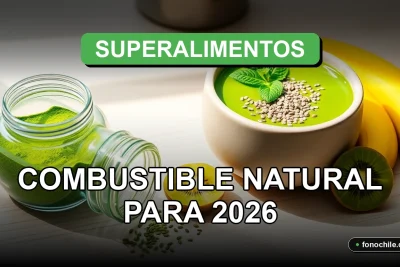 Un envase de vidrio moderno con polvo de superalimento verde sobre una mesa de madera clara, junto a un tazón de smoothie vibrante y frutas frescas.