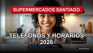 Una mujer hispana sonríe mientras consulta la información de contacto de Supermercados Santiago en su teléfono inteligente.