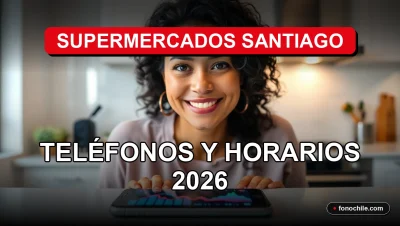 Una mujer hispana sonríe mientras consulta la información de contacto de Supermercados Santiago en su teléfono inteligente.