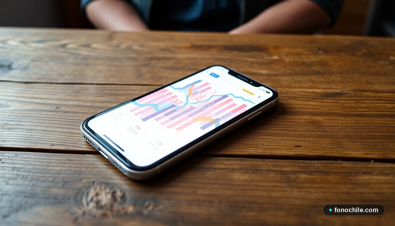 Smartphone mostrando gráficos de ubicación de supermercados en un mapa de Santiago sobre una mesa de madera.