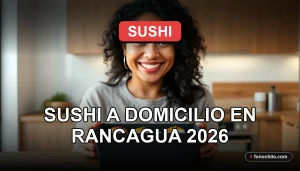 Pedido de sushi a domicilio en Rancagua entregado en una caja moderna sobre una mesa de madera.