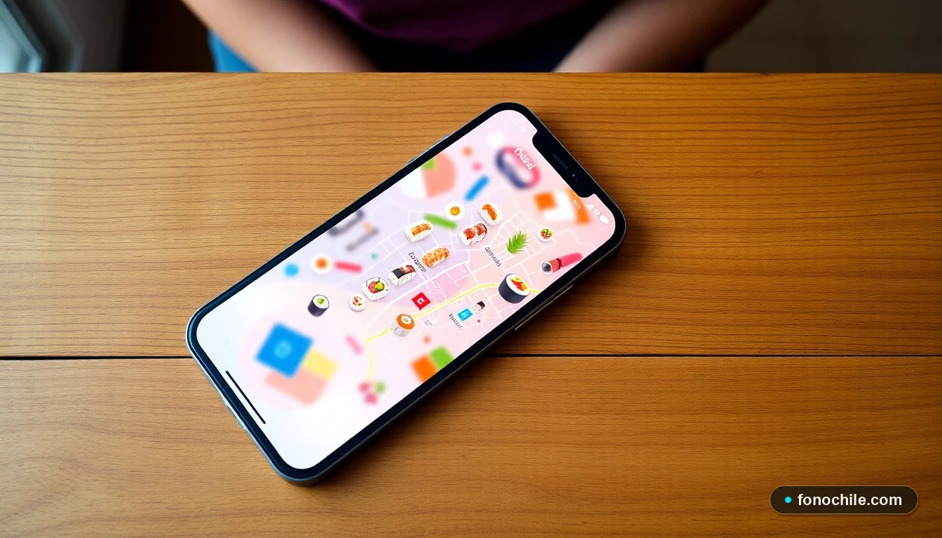 Smartphone mostrando una aplicación de delivery de sushi con un mapa de Rancagua en colores vibrantes.