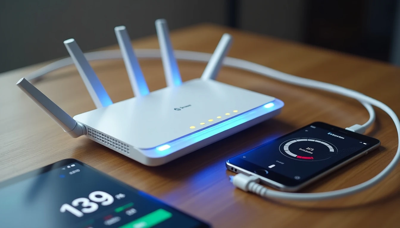 Router y cable de fibra óptica SZNET mostrando conexión de alta velocidad en Chile.