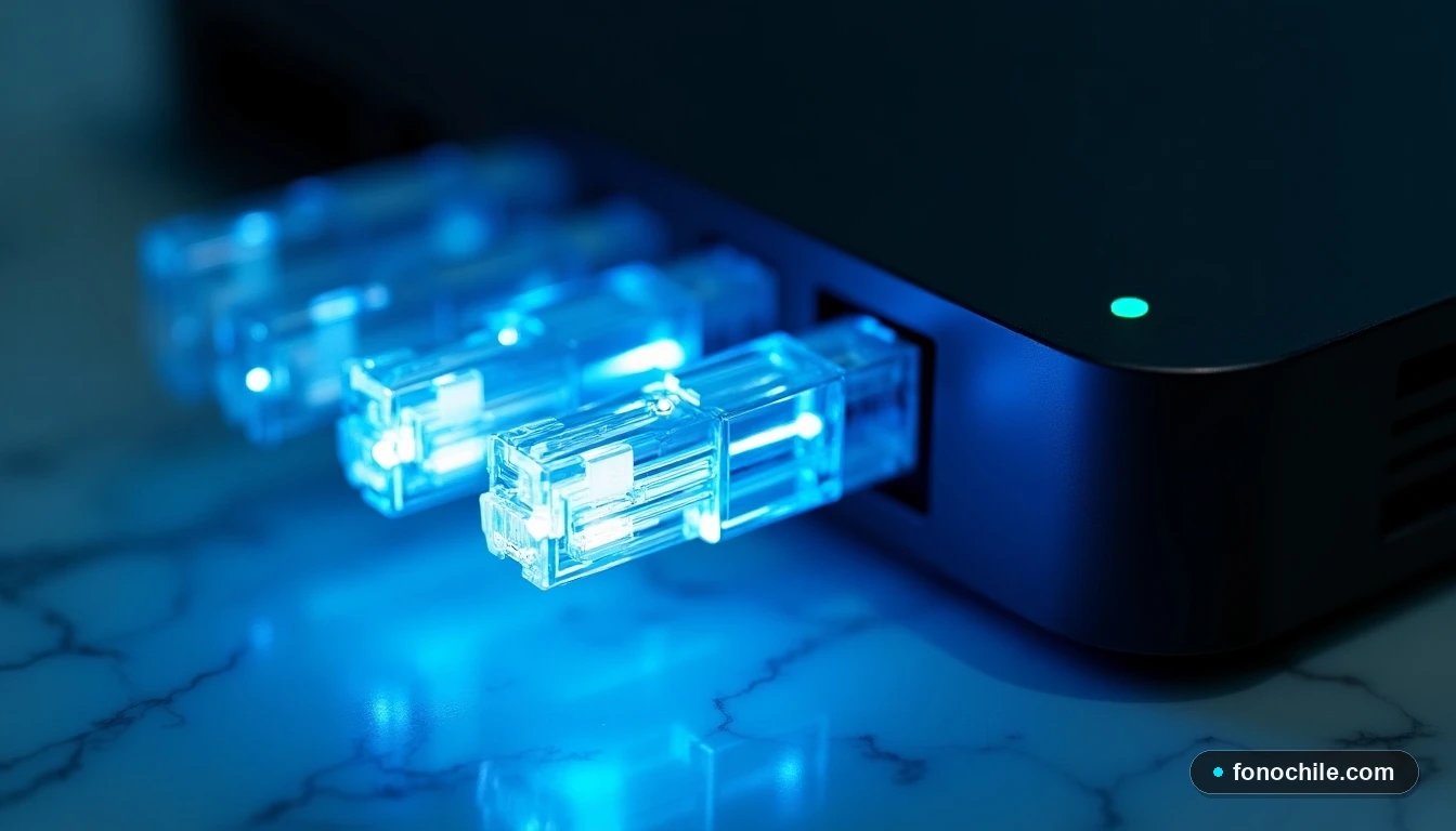Detalle macro de los núcleos de fibra óptica de SZNET brillando con luz azul, junto a un router moderno en una superficie de mármol.
