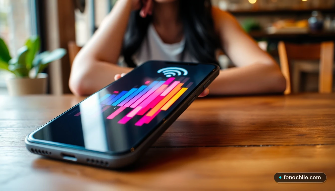 Smartphone mostrando gráficos abstractos de conectividad móvil en un entorno cotidiano en Chile.