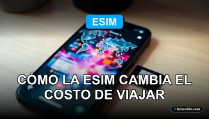 Una tarjeta SIM digital eSIM sobre un mapa mundial, mostrando gráficos abstractos de ahorro en costos de roaming.