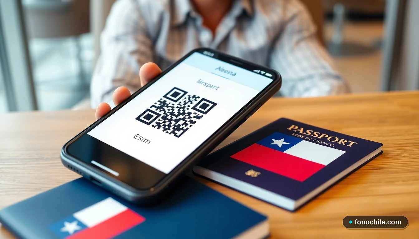 Smartphone mostrando código QR para activar una eSIM, junto a un pasaporte chileno, concepto de viaje y conectividad internacional.
