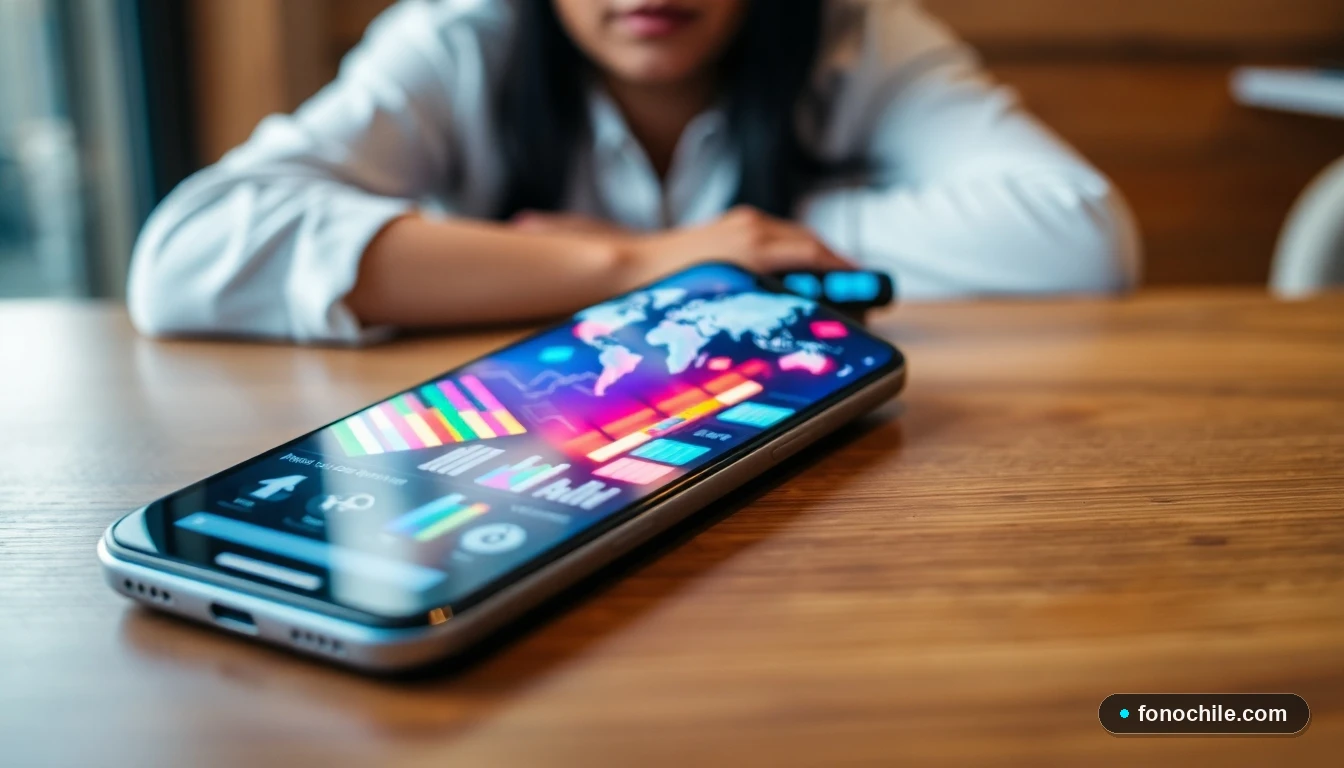 Smartphone mostrando gráficos de datos y un mapa mundial, relacionado con llamadas internacionales y tarifas.