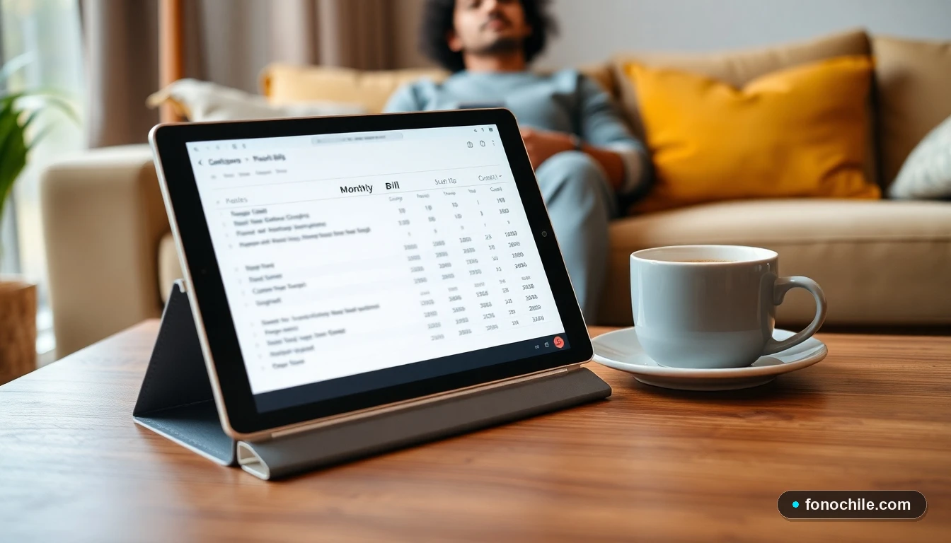 Análisis visual de una factura de servicios residenciales en una tablet, mostrando gráficos de consumo.
