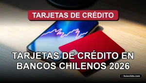 Tarjeta de crédito moderna de un banco chileno sobre escritorio de diseño, mostrando gráficos abstractos en pantalla de smartphone.