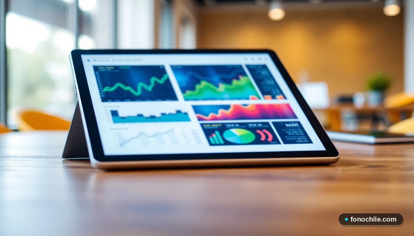 Tableta mostrando gráficos abstractos de finanzas personales y gestión de crédito en Chile