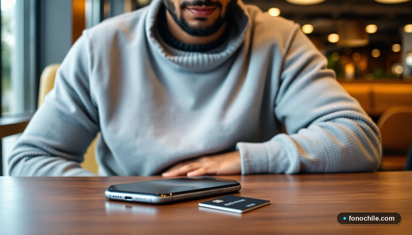 Hombre revisando gráficos financieros en su smartphone con una tarjeta de crédito sobre la mesa.