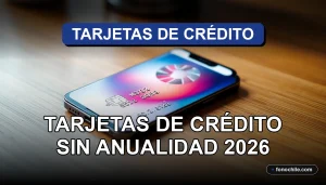 Tarjeta de crédito moderna sin cuota anual sobre escritorio de madera con gráficos abstractos en pantalla de teléfono.